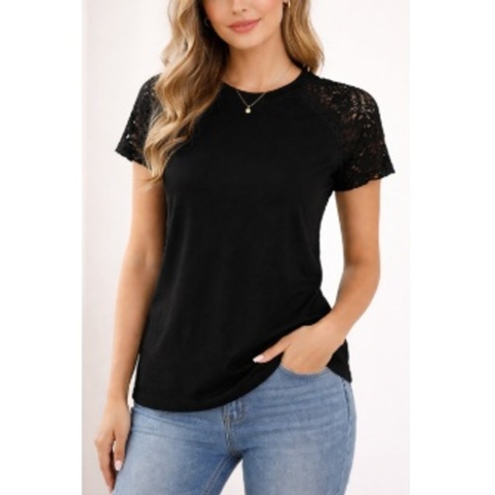 Aumora Women's Black Crochet Lace Shoulder Short Sleeve Crew Neck‎ Tee Size XL